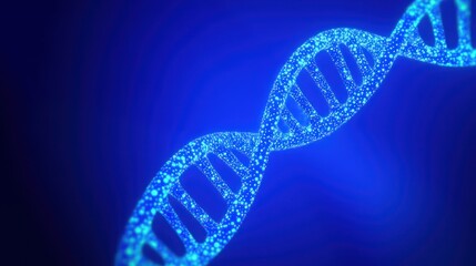 Blue DNA double helix with glowing strands on a dark blue background, illustrating gene sequencing, CRISPR gene editing, and biotechnology concepts