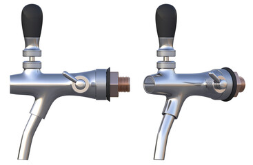 Close-up of stainless steel beer faucet and handle. Isometric view and side view. 3d illustration transparent background