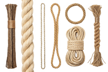 Natural ropes and twines in various styles and shapes, showcasing texture and versatility