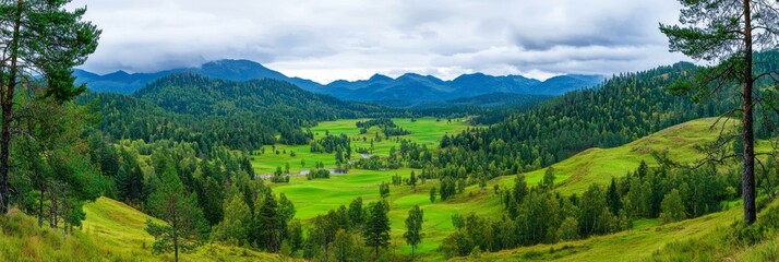 Fototapeta premium Breathtaking green valley surrounded by majestic mountains under a clear blue sky
