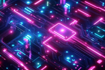 Neon Circuit Board Abstract Technology Pink Blue Glow