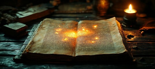 Hermetic teachings glowing ancient scrolls mystical energy surrounding egyptian priesthood as they study the sacred texts