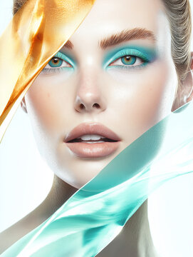 Beauty-Portr&auml;t mit t&uuml;rkisem Lidschatten und abstrakten Gold- und T&uuml;rkis-Elementen im Gesicht