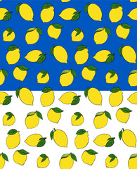 Lemon with leaves seamless pattern. Vector yellow and green graphic line ink illustration on transparent background. Trendy summer background. Vector print for fabric or wallpaper.
