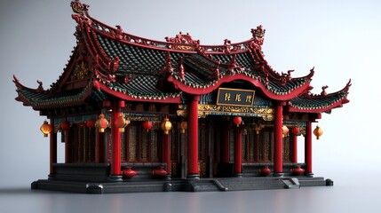 Obraz premium Exquisite Traditional Chinese Pavilion with Red Accents and Intricate Roof Design