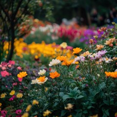 Fototapeta premium A beautiful colorful garden filled with numerous blooming flowers and trees
