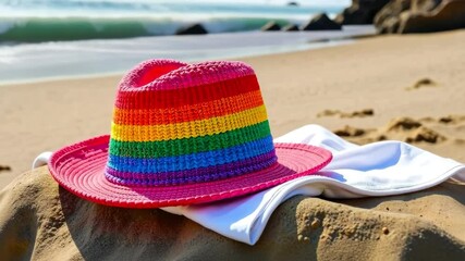 A vibrant rainbow hat is placed on a white towel atop a rock beside the shore, with waves lapping gently