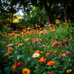 A vibrant flower meadow blooms under tall forest trees naturally
