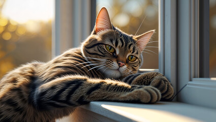 Domestic Tabby Cat in Golden Hour Light with Whiskers and Alert Eyes
