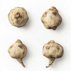 Four raw, earthy-toned root vegetables arranged