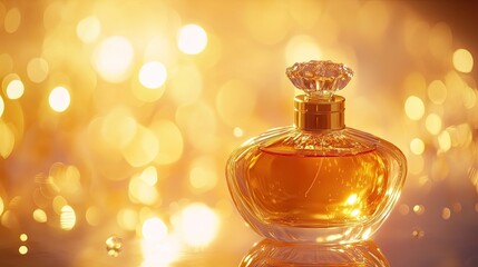 Elegant Perfume Bottle on Golden Bokeh Background Luxurious Fragrance Glamourous Scent Golden Lights Festive Atmosphere Sparkling Beauty Precious Gift