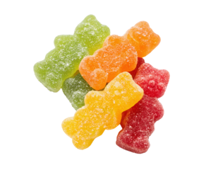 Colorful Sour Patch Kids gummies, individually placed and isolated on a white transparent background. Crisp, high-resolution cutout with detailed texture, ideal for e-commerce or design projects
