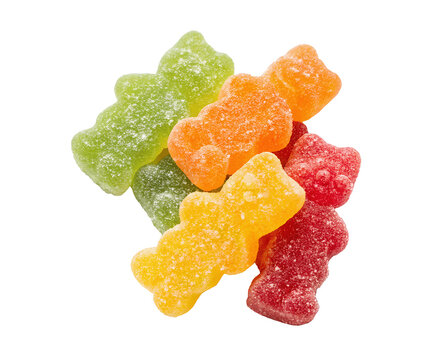 Colorful Sour Patch Kids gummies, individually placed and isolated on a white transparent background. Crisp, high-resolution cutout with detailed texture, ideal for e-commerce or design projects