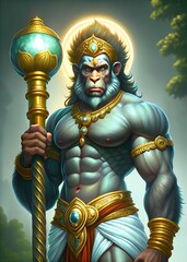 Obraz premium Powerful Hanuman Hindu God, Monkey King, Strength, Devotion, Majesty, Divine, Art, Illustration
