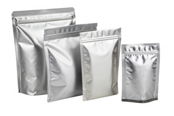 Shiny silver packaging bags in various sizes for food or product storage