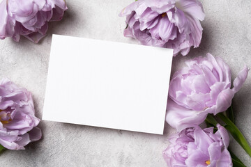 Valentines day greeting card mockup, blank paper postcard with fresh tulips flowers flat lay with...