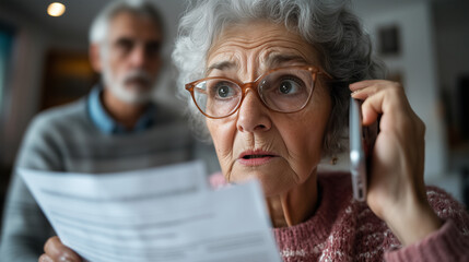 Concerned elder woman holds smartphone to her ear while reading important documents at home with a man nearby