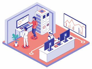 Modern Isometric Illustration of a Smart Office with AI Technology and Data-Driven Collaboration