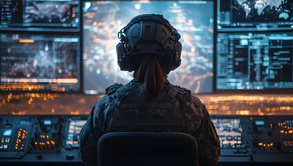 Obraz premium Female Soldier Monitoring Global Data Streams on Multiple Screens
