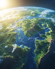 Fototapeta premium Earth day with green planet at sunrise