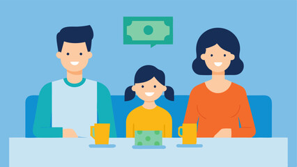 Fototapeta premium Family Table with Bills A family sitting around a dining table with cash and bills in front of them signifying financial stability provided by UBI that allows families to thrive