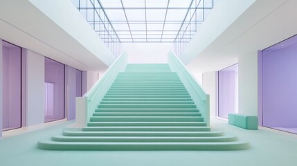Obraz premium Pastel staircase, modern building interior, glass ceiling, calming atmosphere, architectural design