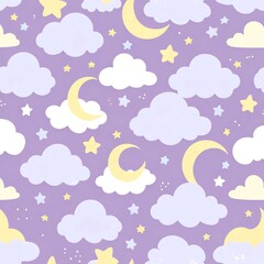 Pastel Night Sky Seamless Pattern: Dreamy Clouds, Moons, and Stars
