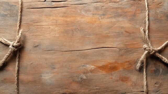 Rustic Brown Wooden Background with Beige Knotted Ropes