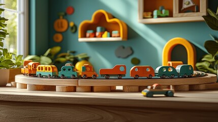 Obraz premium Wooden toy train set on playroom table in sunlight