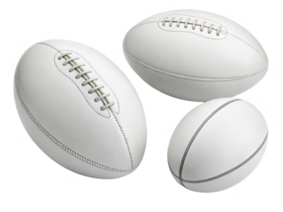 White rugby balls in various sizes, showcasing their unique shapes and textures