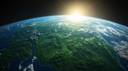 Earth day with green planet at sunrise