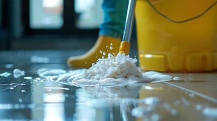 Yellow mops the floor, creating an atmosphere of cleanliness and order, which would be suitable for advertising household chemicals, cleaning services or articles about home care.