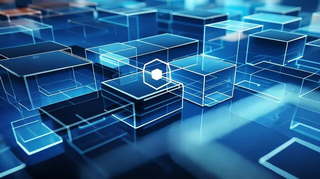 Abstract digital cubes network.  Complex interconnected network of translucent cubes, glowing with blue and white light, creating a futuristic, data-driven visual