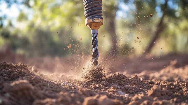 A drill auger spinning, kicking up dust and soil as it cuts into the ground, dynamic motion shot