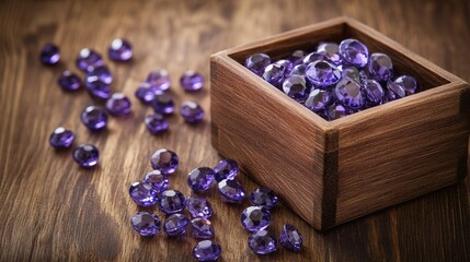 A handcrafted wooden square box with rare tanzanite gems, placed on a warm rustic brown background