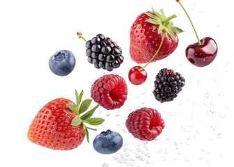 A high-quality set of five fresh berries, carefully arranged with space between each berry on a transparent background.