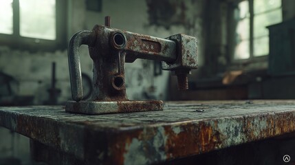 Fototapeta premium A heavy-duty industrial vice with rusted jaws and chipped paint, abandoned on a workbench