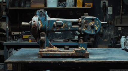 Fototapeta premium A heavy-duty industrial vice with rusted jaws and chipped paint, abandoned on a workbench