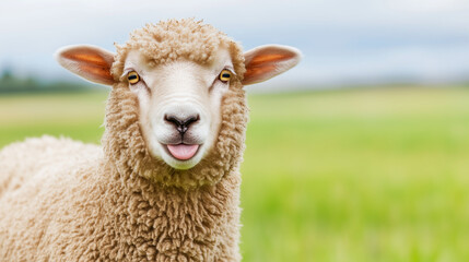 Fototapeta premium Happy Sheep with a Playful Expression A close-up of a fluffy sheep in a green pasture, with its tongue sticking out in a humorous and adorable way.