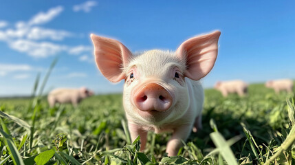 Cute piglet, farm animals, happy pig, baby pig, countryside life, sustainable farming, barnyard animals, adorable livestock, pig farm, rural scenery.