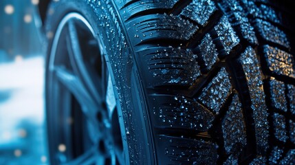 Fototapeta premium Close-Up of Wet Tire Tread with Raindrops on a Car Wheel in a Dynamic Urban Setting