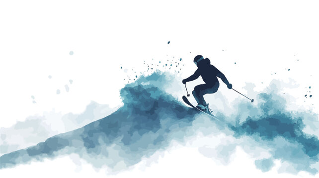 A stylized watercolor painting depicting a skier in motion. The skier is rendered as a dark silhouette against a background of light blue and white watercolor washes suggesting snow and movement.