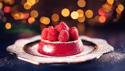  Elegant Dessert with Red Raspberries Glistening on Dark Background with Bokeh Lighting 