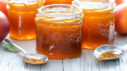 Homemade Peach Jam in Glass Jars Sweet Dessert