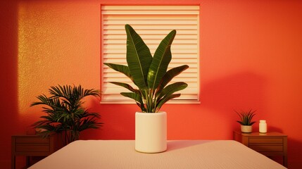 Cozy Dimly Lit Bedroom with Indoor Plants and Warm Color Palette
