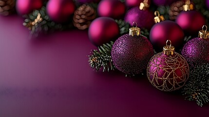 Obraz premium Decorative Christmas ornaments arranged with pine and festive design elements