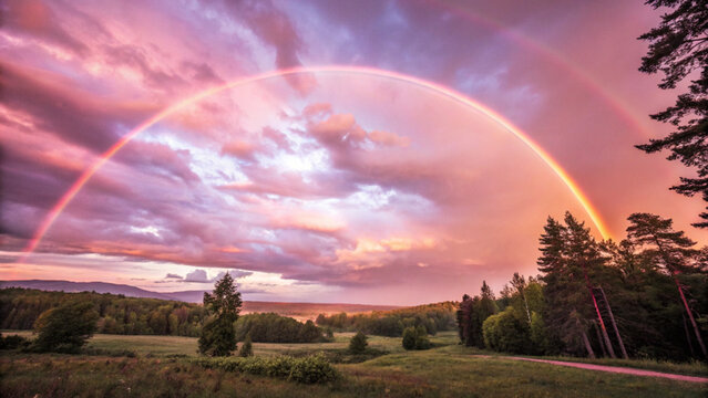 A magical evening landscape featuring a vivid double rainbow over lush green fields, under a glowing twilight sky. - Powered by Adobe