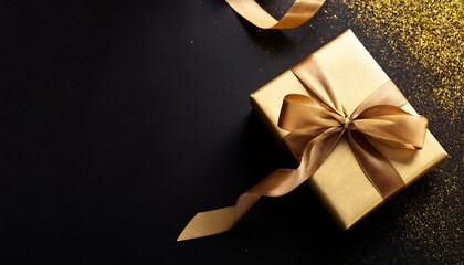 Gift box and golden ribbon on black background with glitter. Black friday sale concept