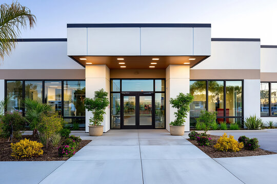 Modern veterinary clinic exterior with inviting entrance and landscaped surroundings