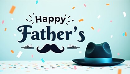 A festive "Happy Father's Day" greeting features a black mustache, a black hat with a blue band, and colorful confetti, symbolizing celebration, love, and appreciation for fathers